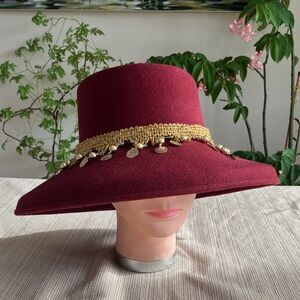 Elegant Burgundy Wool Hat with Gold Coin Accents
